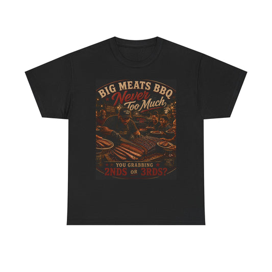 BBQ Grill T‑Shirt – "Big Meats BBQ Never Too Much" Vintage Barbecue Tee