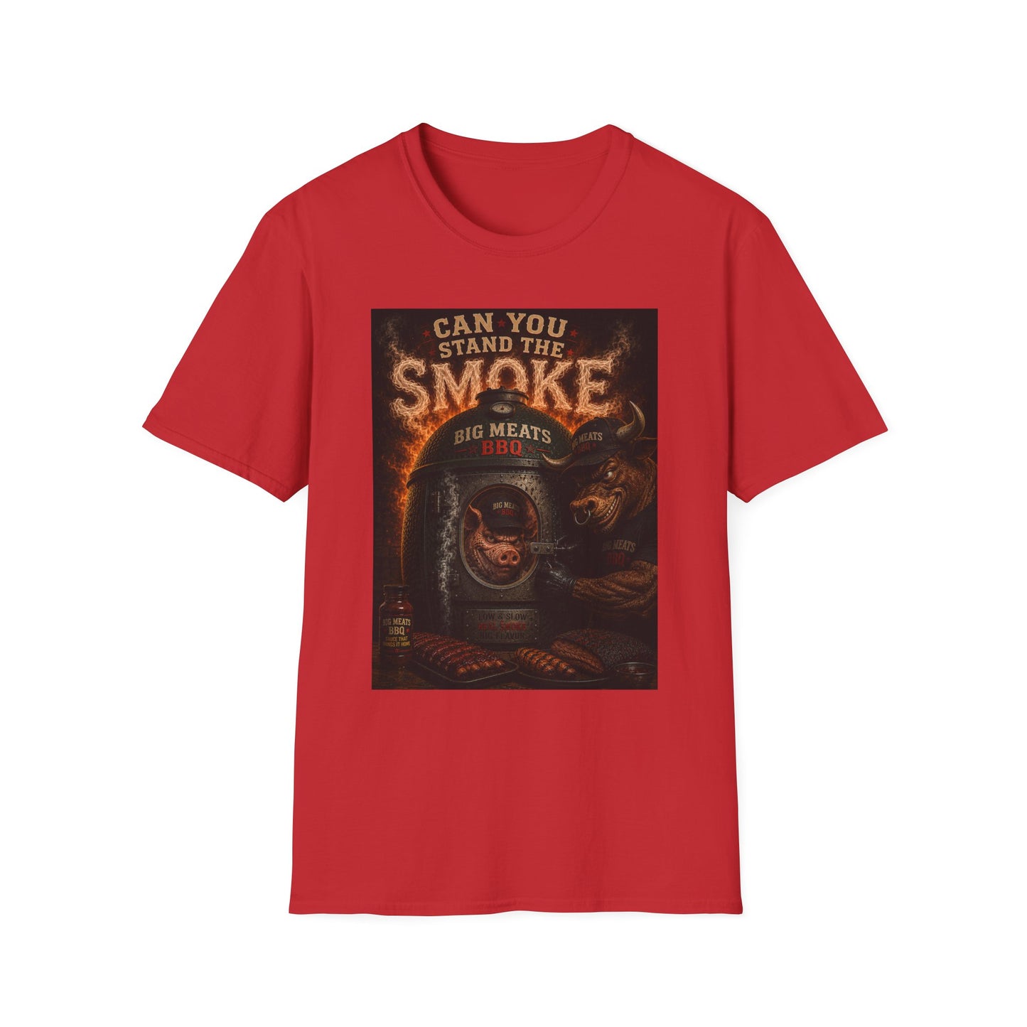 BBQ Grillmaster T-Shirt — "Can You Stand the Smoke" Pig & Flames