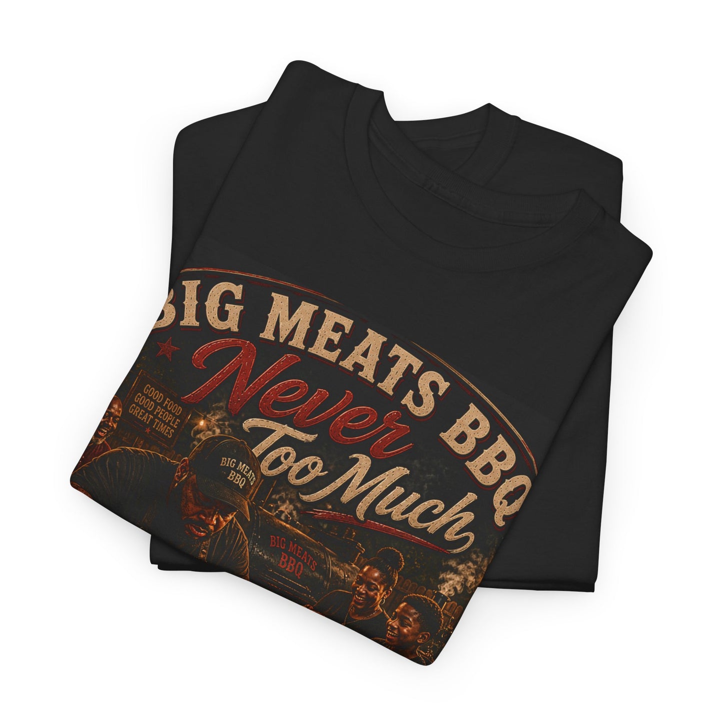 BBQ Grill T‑Shirt – "Big Meats BBQ Never Too Much" Vintage Barbecue Tee