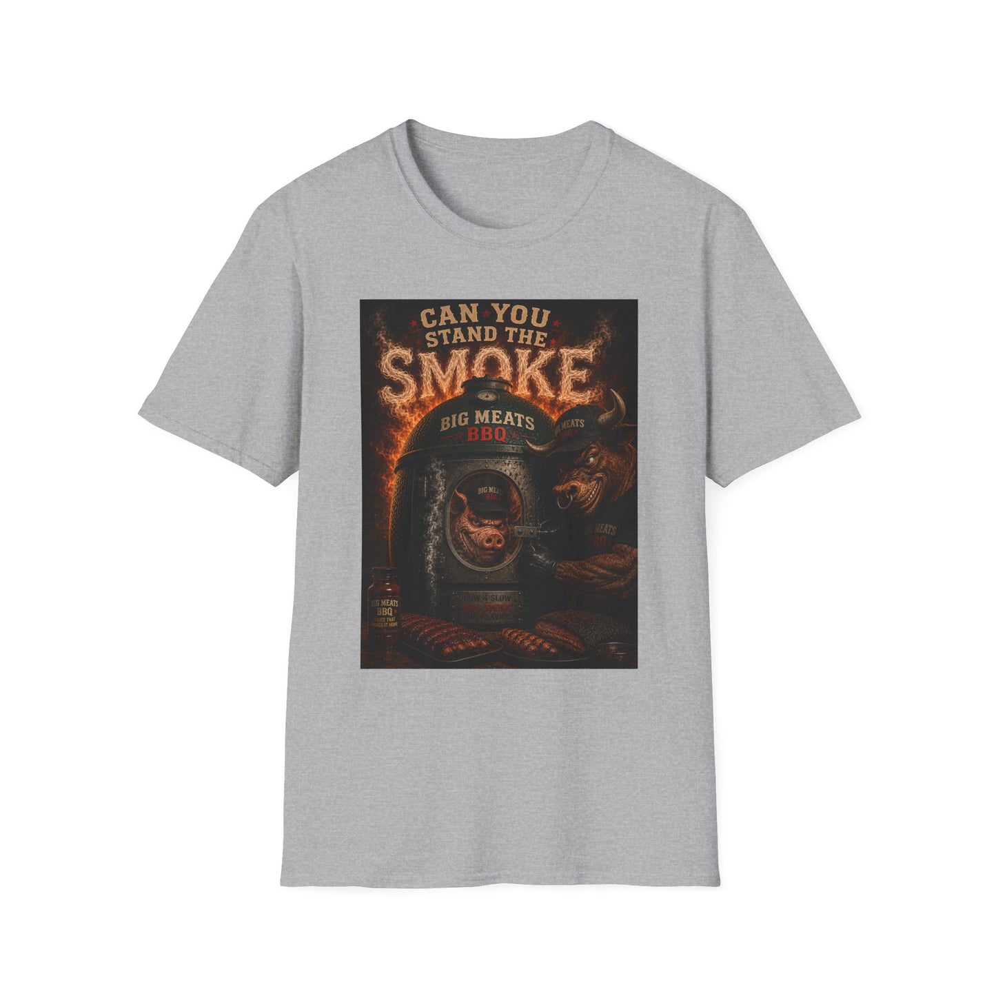 BBQ Grillmaster T-Shirt — "Can You Stand the Smoke" Pig & Flames