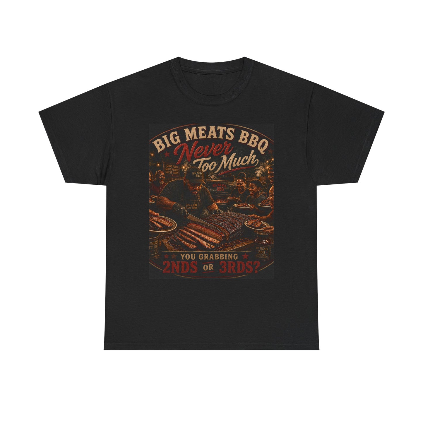 BBQ Grill T‑Shirt – "Big Meats BBQ Never Too Much" Vintage Barbecue Tee