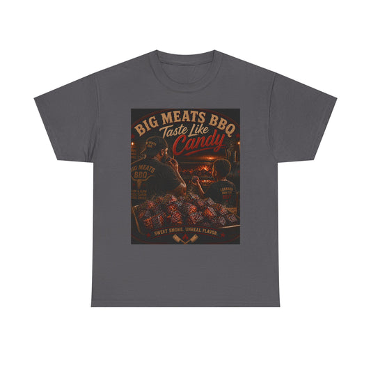 BBQ T-Shirt — "Big Meats BBQ Taste Like Candy" Retro Grill Graphic Tee