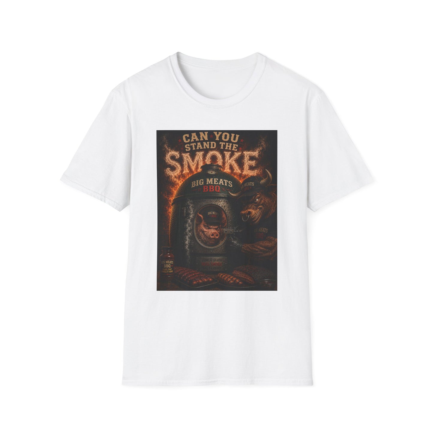 BBQ Grillmaster T-Shirt — "Can You Stand the Smoke" Pig & Flames