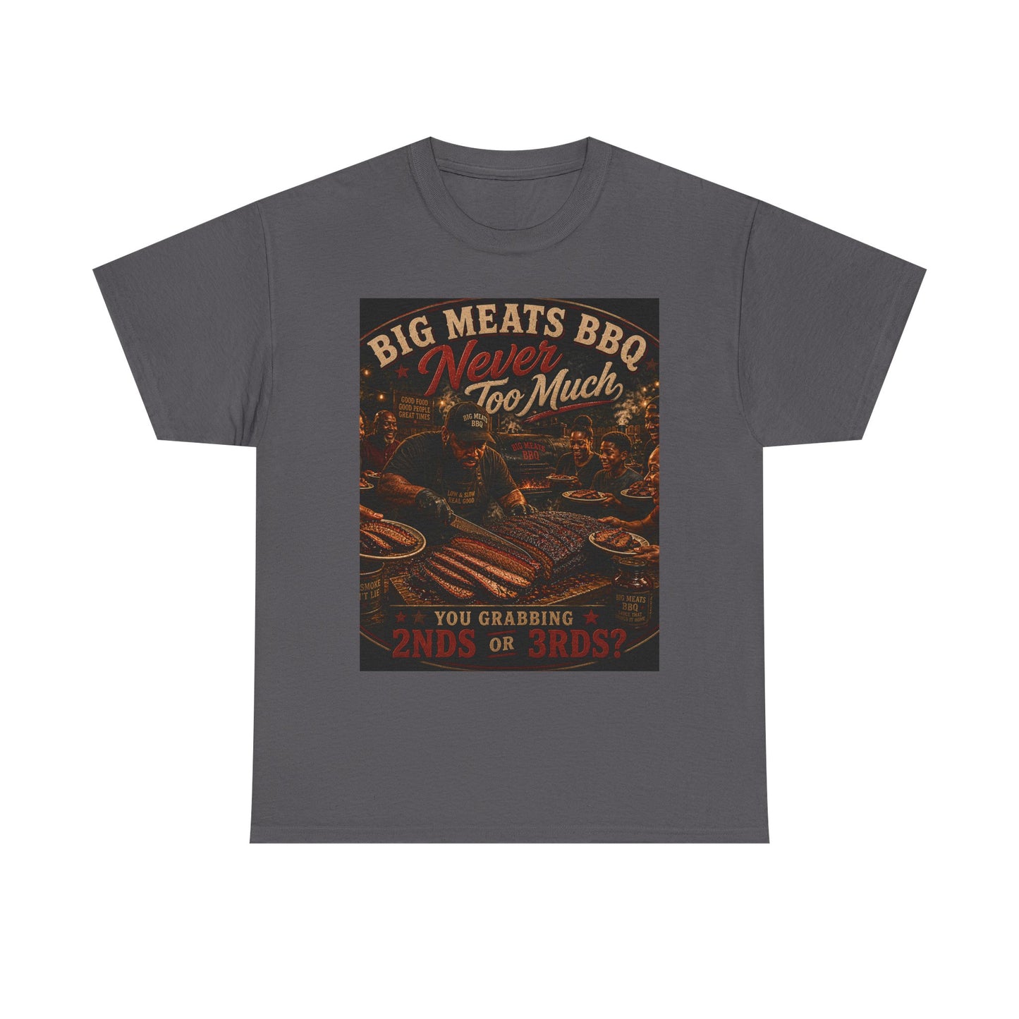 BBQ Grill T‑Shirt – "Big Meats BBQ Never Too Much" Vintage Barbecue Tee