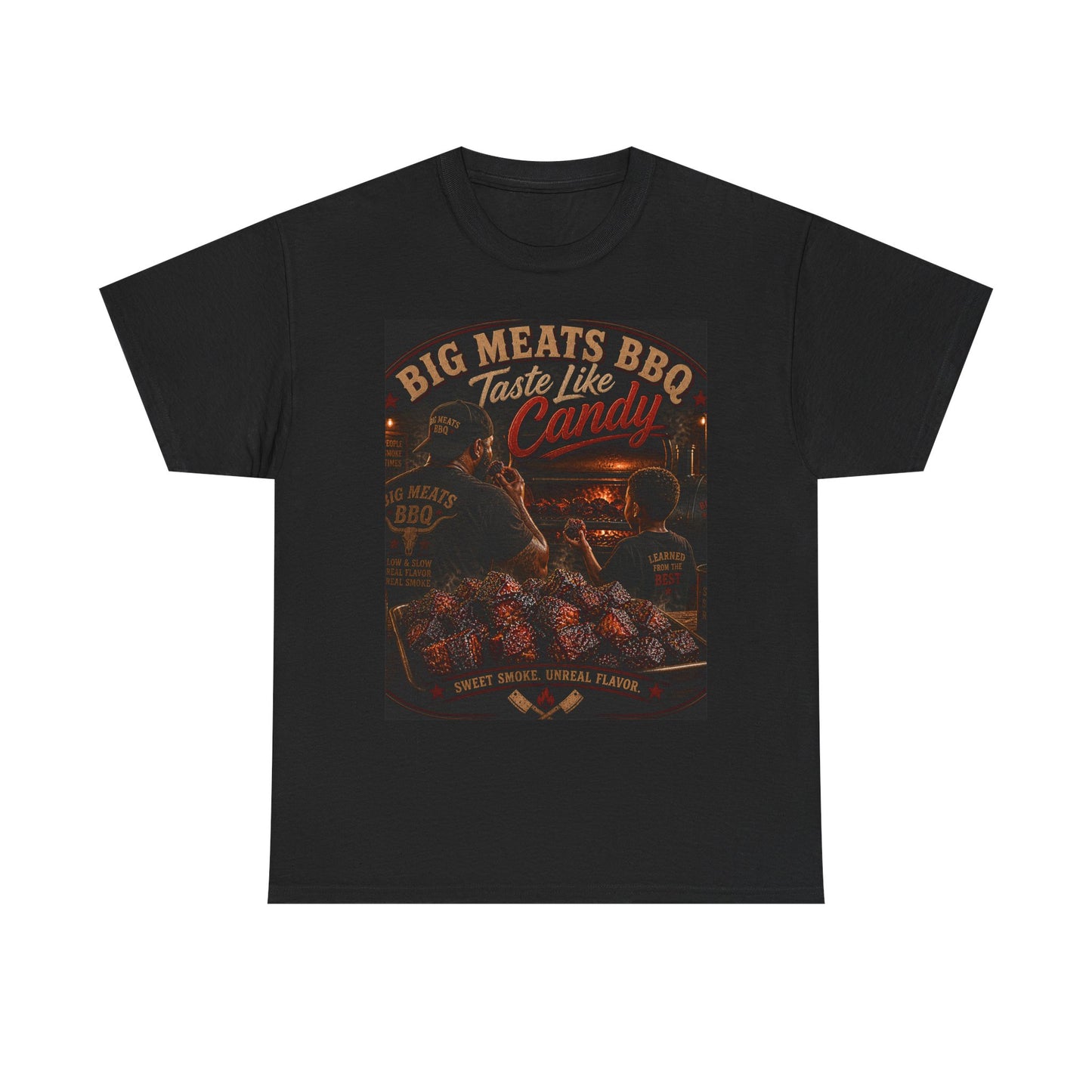 BBQ T-Shirt — "Big Meats BBQ Taste Like Candy" Retro Grill Graphic Tee