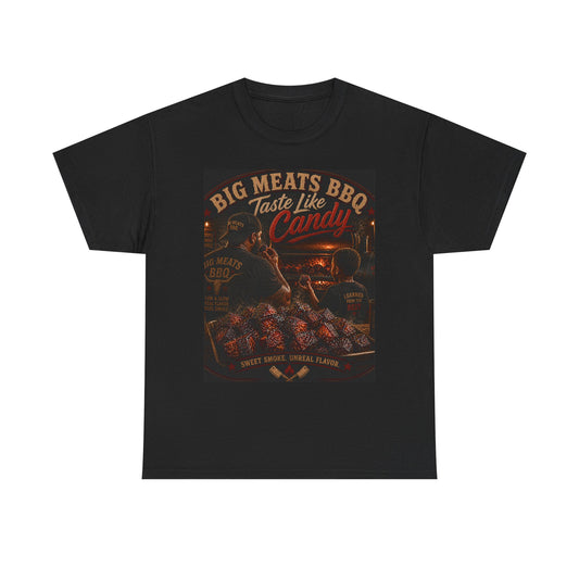 BBQ T-Shirt — "Big Meats BBQ Taste Like Candy" Retro Grill Graphic Tee