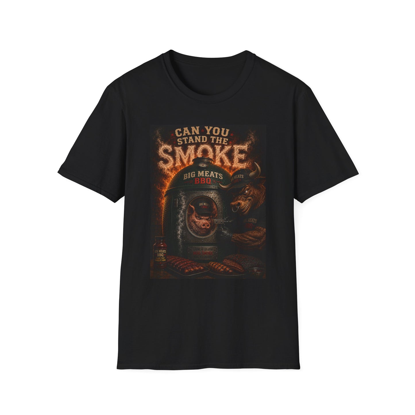 BBQ Grillmaster T-Shirt — "Can You Stand the Smoke" Pig & Flames