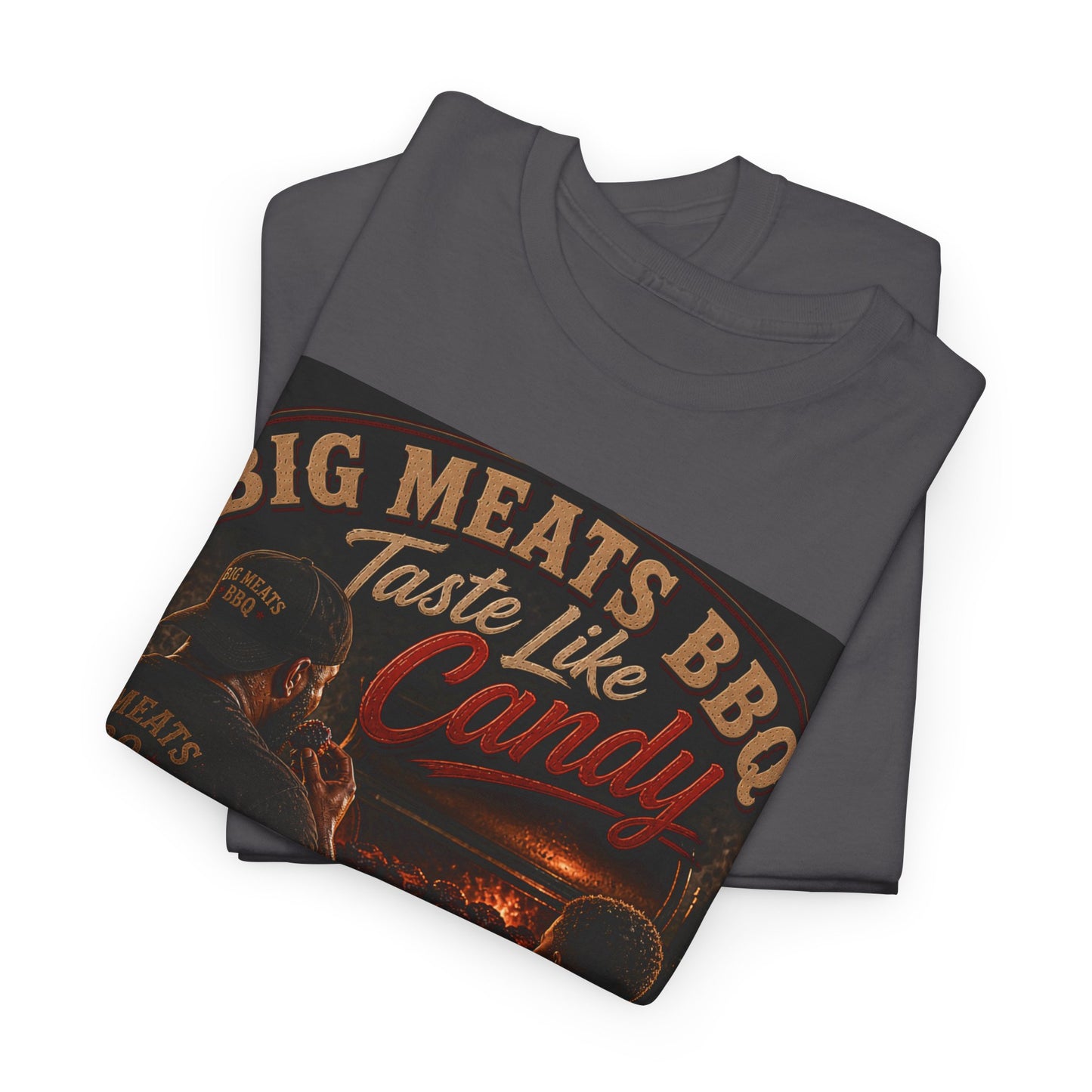 BBQ T-Shirt — "Big Meats BBQ Taste Like Candy" Retro Grill Graphic Tee
